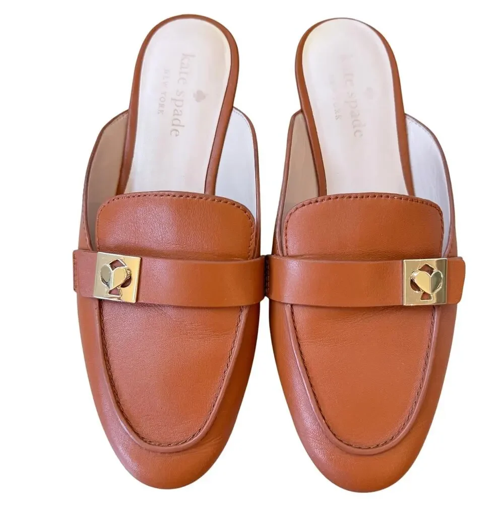 Kate Spade Coda Mules Hot Cider Cognac Brown Leather Gold‑Tone Hardware Size 6